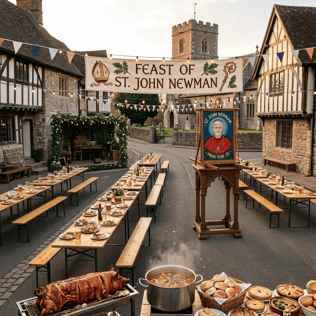 Community feast honoring St. John Newman with banner, procession, music, and shared meal