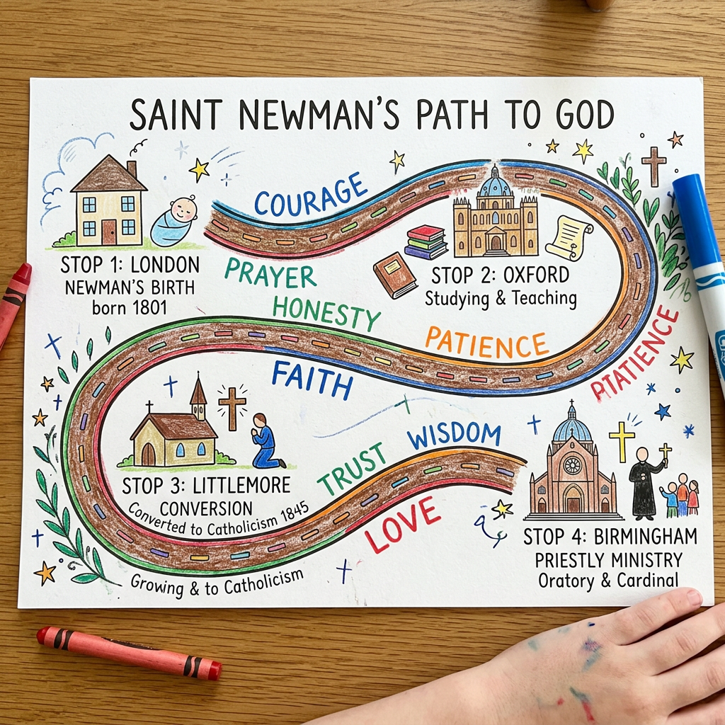 Illustrated Saint Newman’s Path to God timeline with four stops: London, Oxford, Littlemore, and Birmingham.