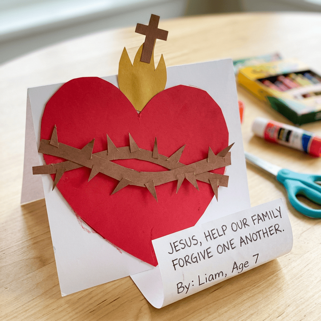 Handmade red heart with cross and thorns; “JESUS, HELP OUR FAMILY FORGIVE ONE ANOTHER. By: Liam, Age 7.”