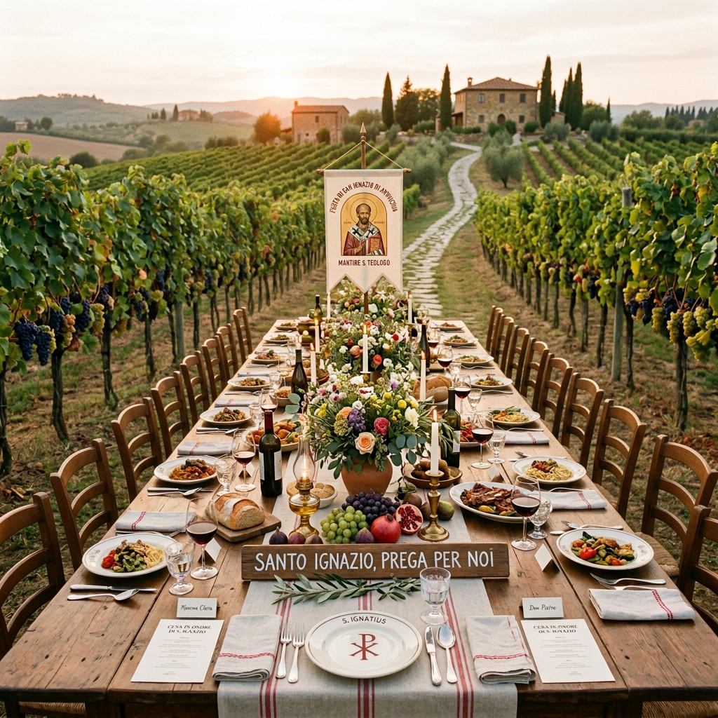Friends share a candlelit vineyard dinner beneath a “Santo Ignazio, prega per noi” banner.